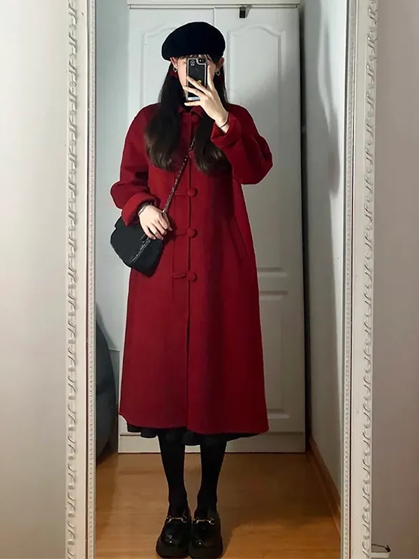 紅色呢子大衣女2023秋冬新款韓系小個子赫本風中長款毛呢外套