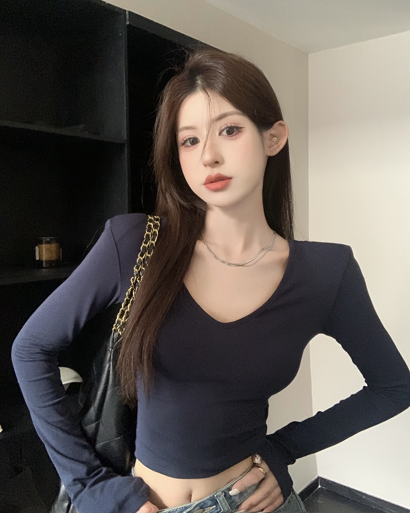 黑色V領辣妹上衣修身內搭墊肩春秋季正肩打底衫心機T恤長袖外穿女