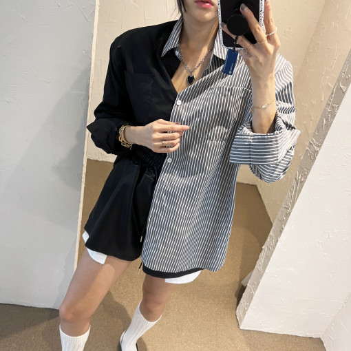 韓國chic秋季新款復古撞色翻領條紋長袖襯衫女寬鬆休閒襯衣