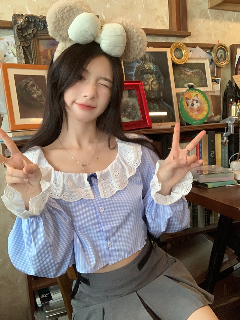 設計感小眾蕾絲邊娃娃領長袖襯衫女小個子短款別致襯衣上衣春秋季