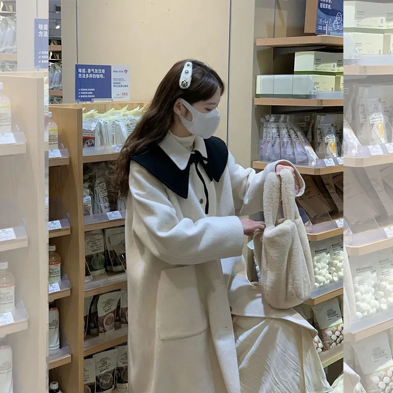 高級感娃娃領毛呢外套女冬加厚小個子中長款披肩厚撞色百搭大衣