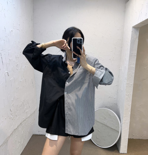 韩国chic秋季新款复古撞色翻领条纹长袖衬衫女宽松休闲衬衣