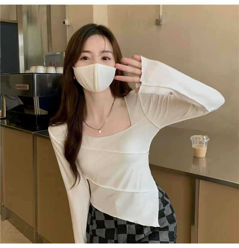 Irregular square neck long-sleeved T-shirt autumn Korean style hot girl design slimming bottoming top for women