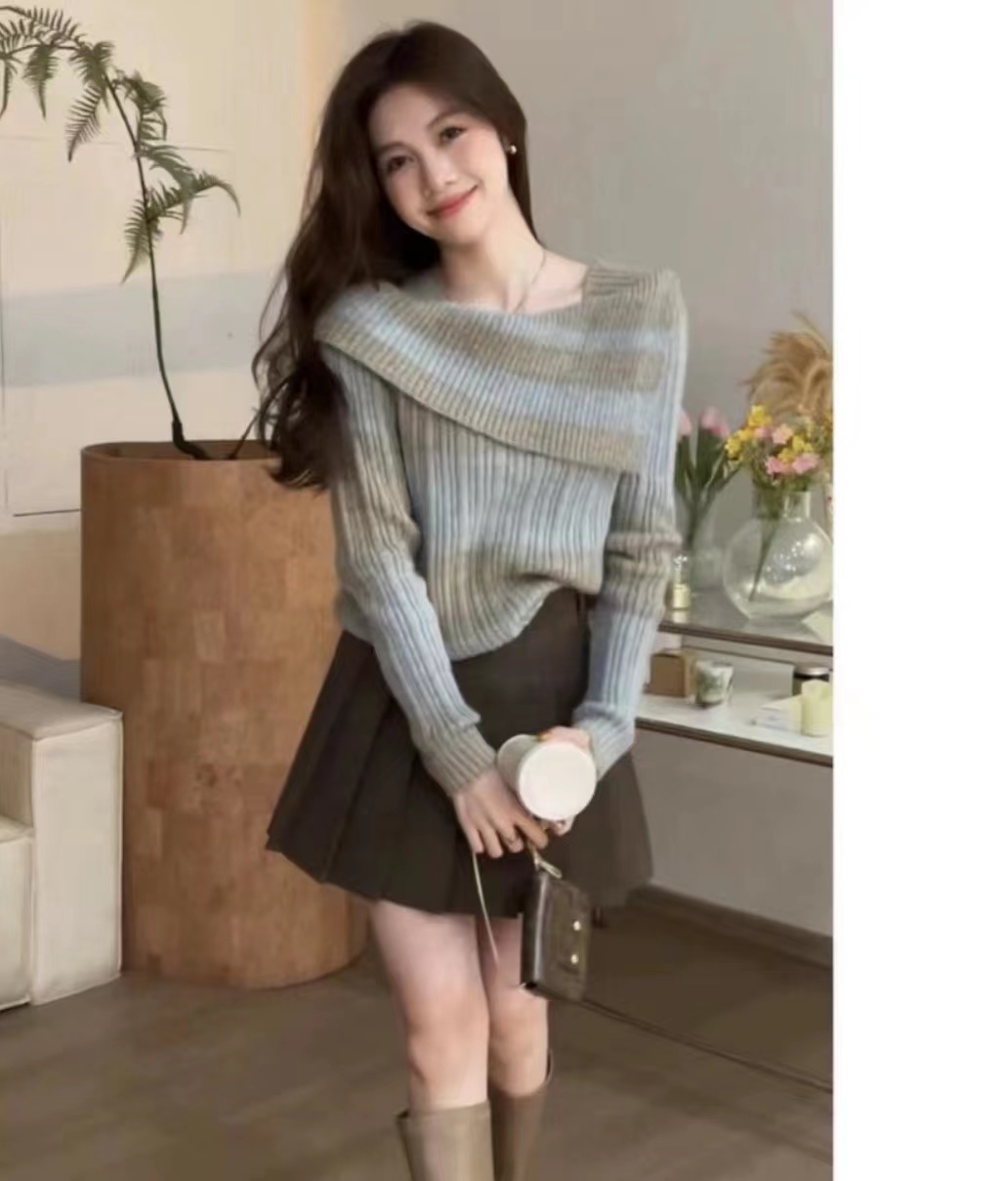 法式復古撞色條紋一字肩針織衫女秋季設計感顯瘦減齡獨特别致上衣