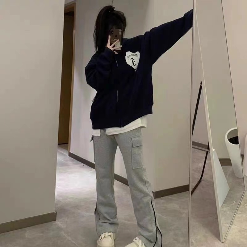 美式ins炸街拉鏈百搭連帽外套女春秋寬鬆拼接色設計感小眾衛衣潮