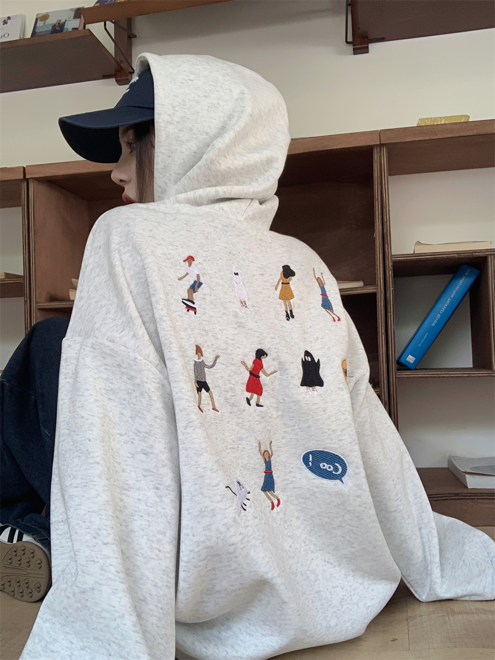 實拍~ 設計感小眾卡通塗鴉人物刺繡慵懶寬鬆顯瘦長袖連帽衛衣