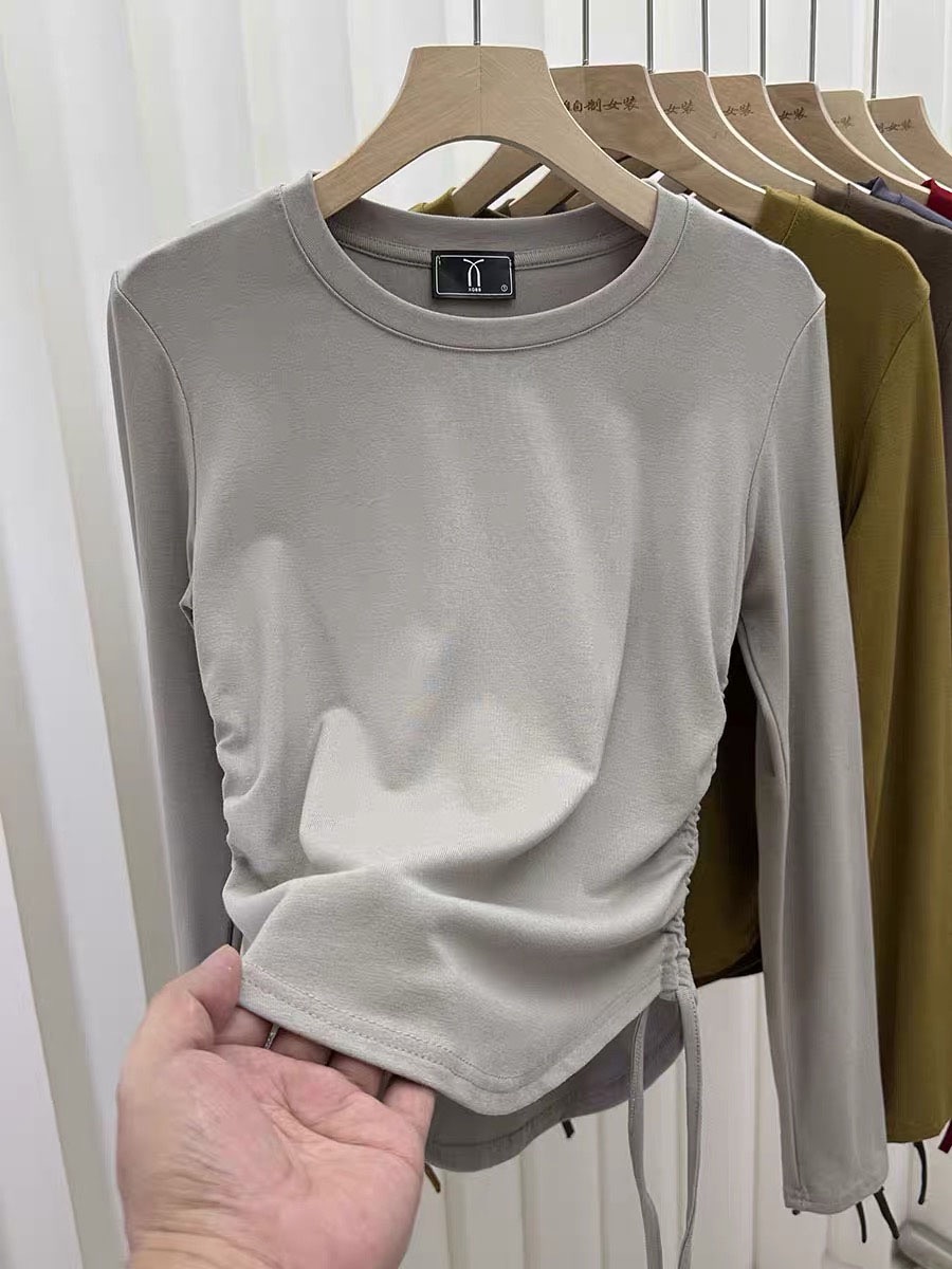 Autumn and winter new Korean style round neck drawstring slim solid color pure cotton long-sleeved T-shirt top with women's base layer T-shirt