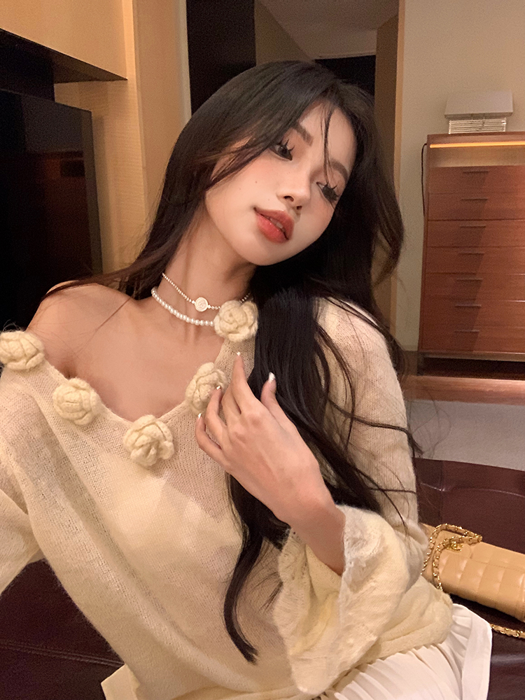 實拍 花朵軟糯慵懶立體鈎花毛衣復古甜美氣質喇叭袖針織衫秋