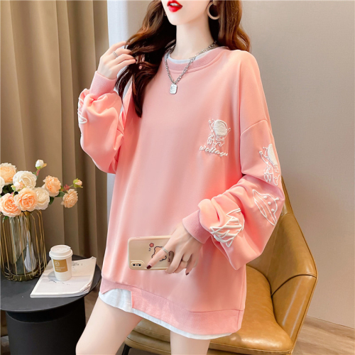 Actual shot of autumn Korean style loose round neck foam printed mid-length large size women's thin sweatshirt for women