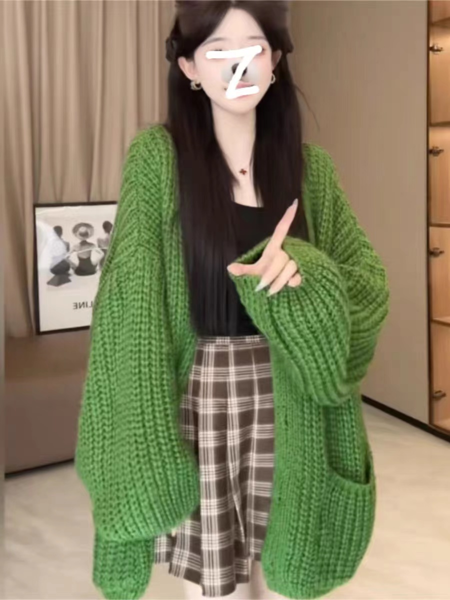 2023秋冬新款韓版慵懶風寬鬆長袖毛衣女加厚軟糯針織開衫外套上衣