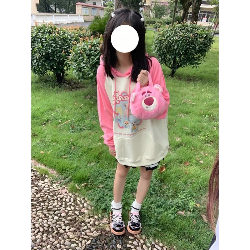 KK Pink原創多巴胺美式甜酷小狗印花連帽衛衣寬鬆情侶插肩袖外套