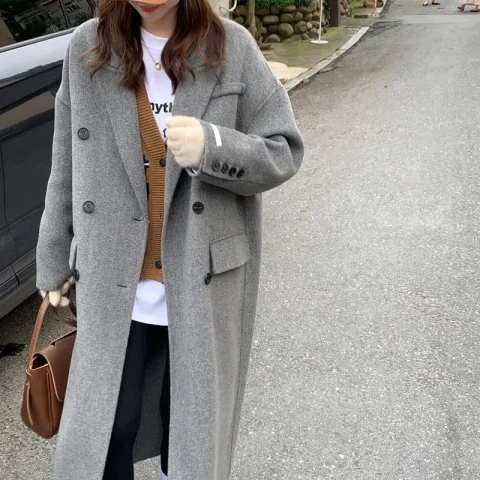 秋冬新款毛呢外套女2023韓版高級灰呢子胖MM寬鬆百搭大衣潮ins女