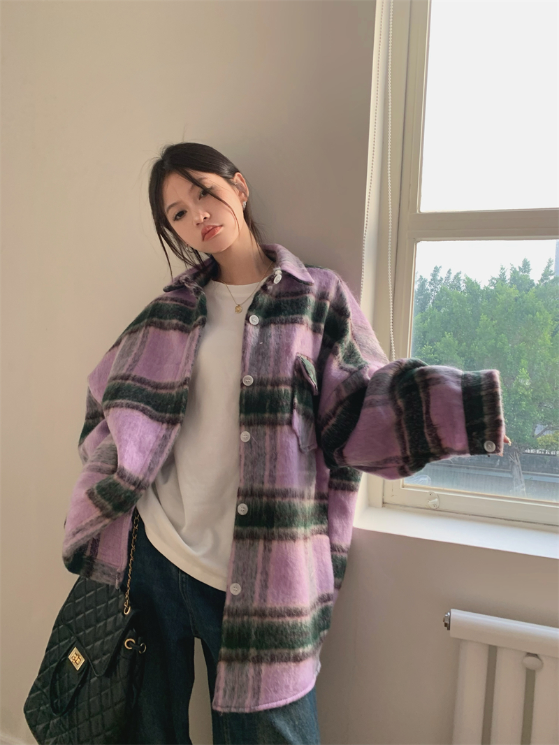 實拍 秋冬款毛絨絨撞色大格子中長款翻領毛呢外套女