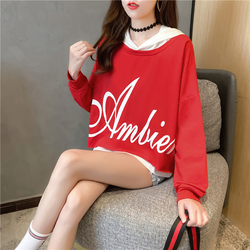 Actual shot of autumn Korean style loose hooded fake two-piece printed mid-length plus size women's thin sweatshirt for women