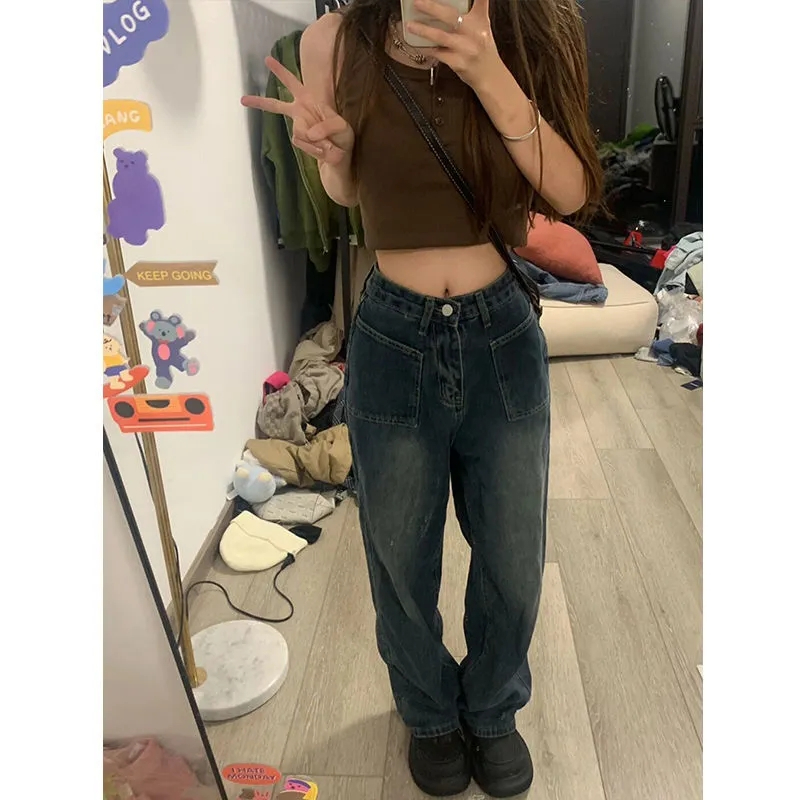 美式復古高街闊腿牛仔褲女夏季新款高腰顯瘦直筒拖地老爹褲ins潮