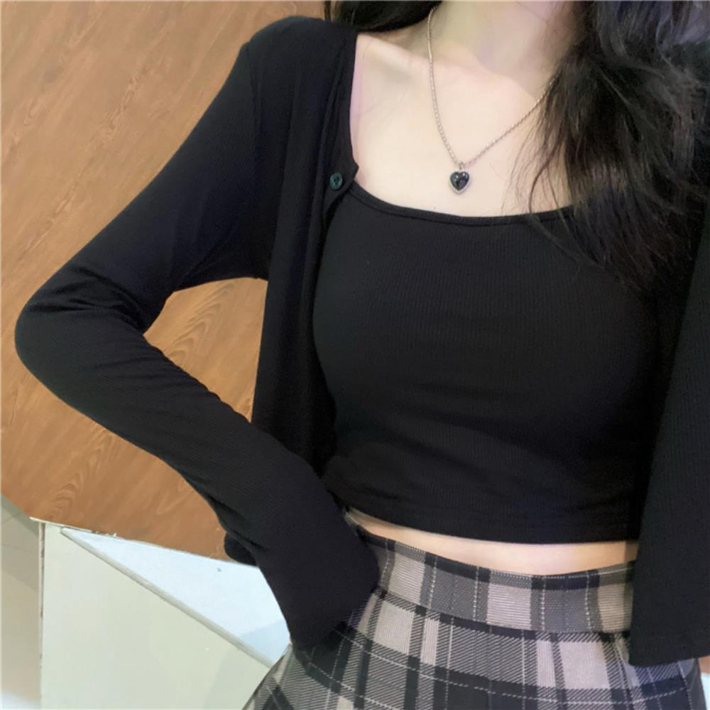 大碼辣妹套裝春秋季新款胖mm顯瘦性感短款開衫吊帶兩件套女上衣