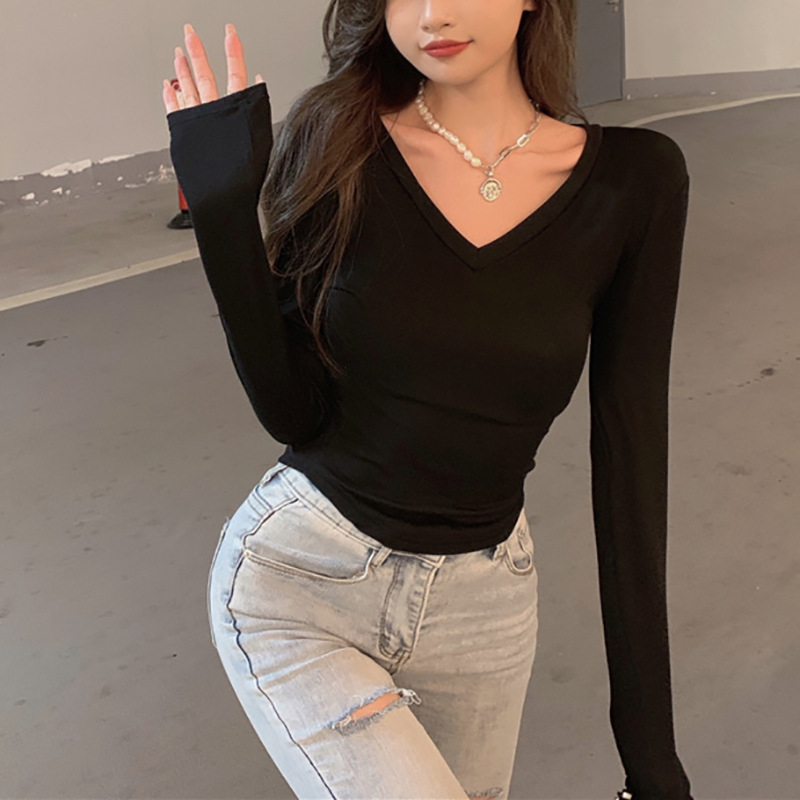 260g ammonia double-sided German velvet bottoming shirt for women, slim V-neck top with long-sleeved T-shirt for girls