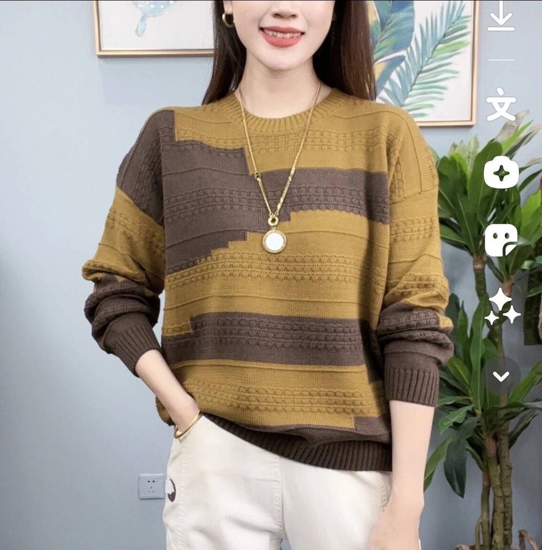 女士秋款撞色拼接秋款時尚百搭毛衣針織衫寬鬆休閒圓領套頭打底衫