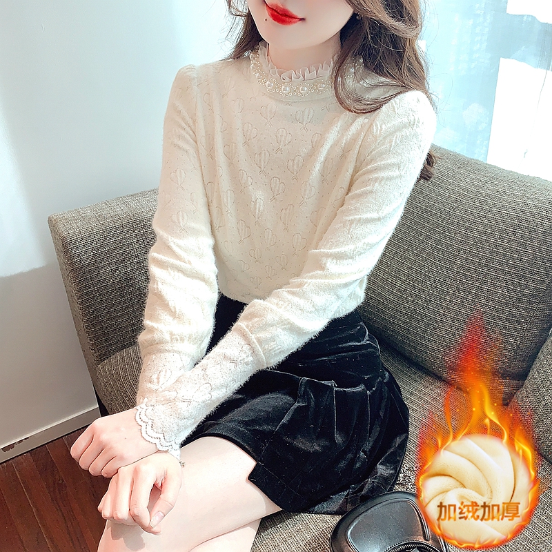 半高領蕾絲打底衫女冬加絨加厚內搭磨毛襯衫高級感上衣2023新款
