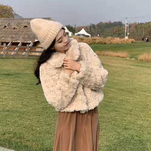 Stand collar short fur coat for women, Korean style imitation rex rabbit fur, versatile and casual, winter for small people, long sleeves, loose and thickened
