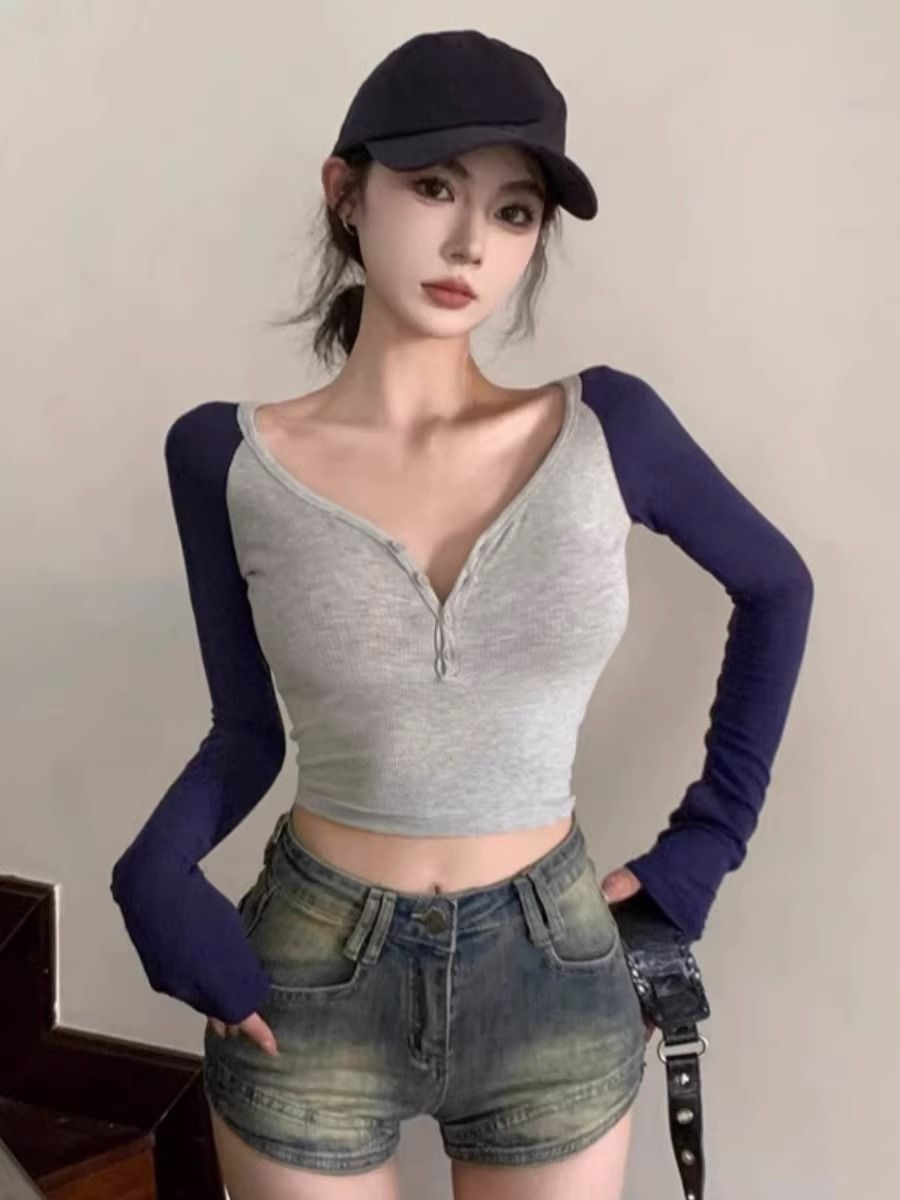 v領T恤女秋季性感修身短款撞色拼接插肩袖打底衫