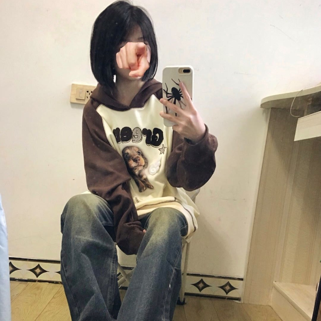 Amoeba original American retro color matching cute cat hooded sweatshirt design autumn small wings hoodie for women