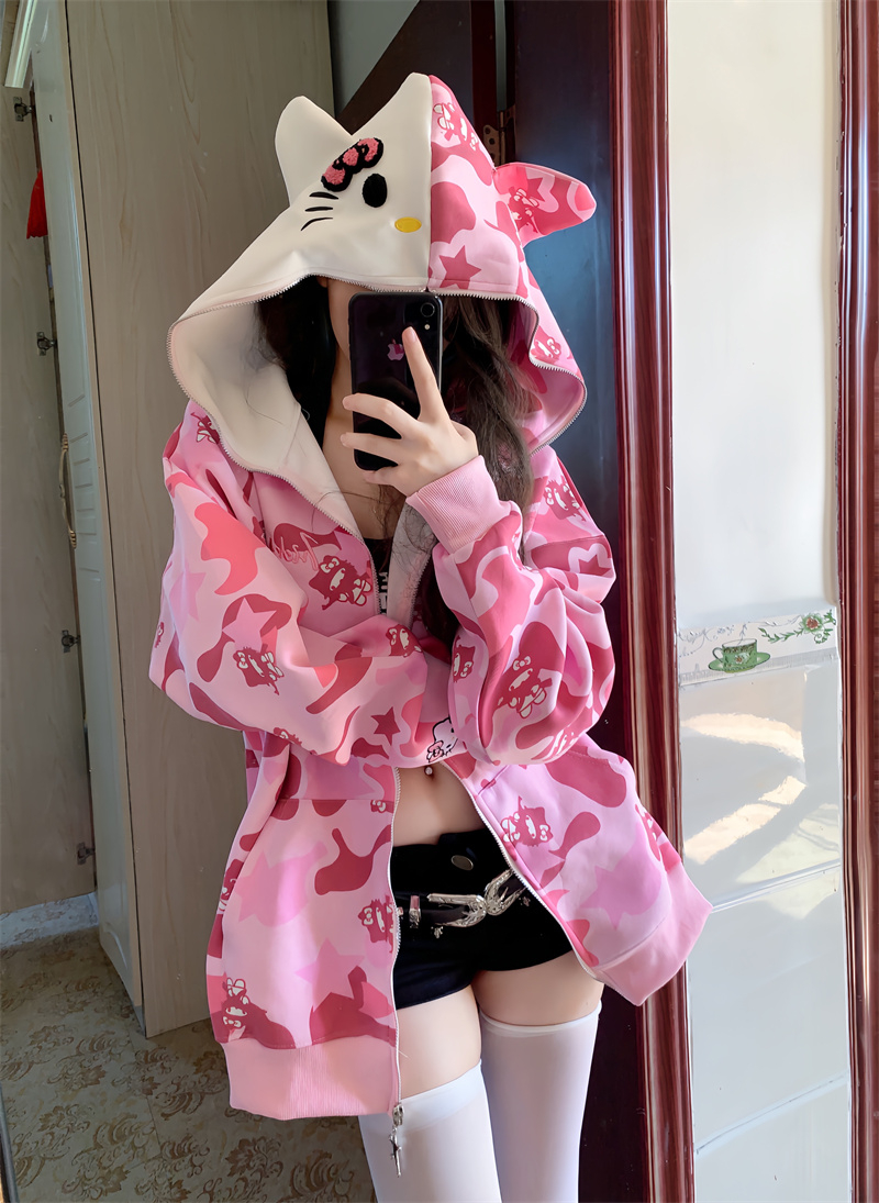迷彩滿印HelloKitty凱蒂貓連帽衛衣女秋冬季寬鬆情侶帽衫上衣