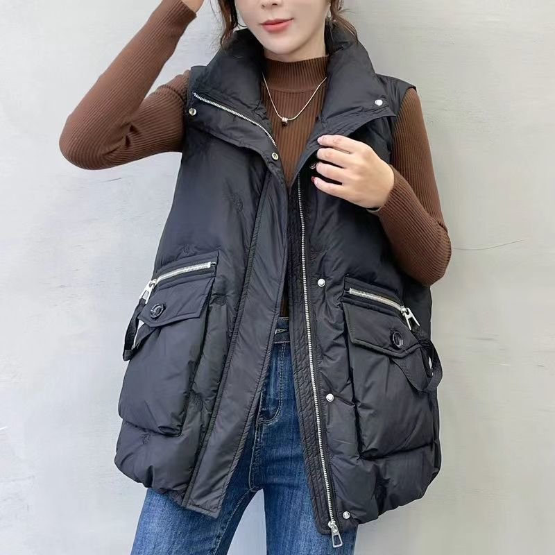 羽絨棉馬甲女2023冬季新款韓版寬鬆潮外穿大口袋刺繡背心馬夾