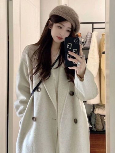 2023 new autumn and winter oatmeal color double-sided cashmere coat women's small woolen coat