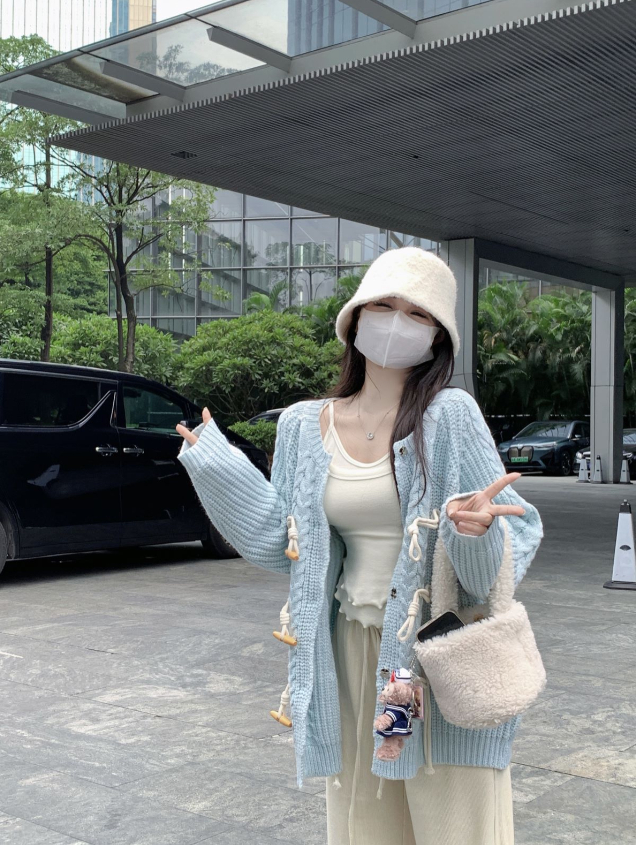 實拍奶藍牛角扣毛衣秋冬外穿慵懶風圓領外套垂感拖地褲套裝