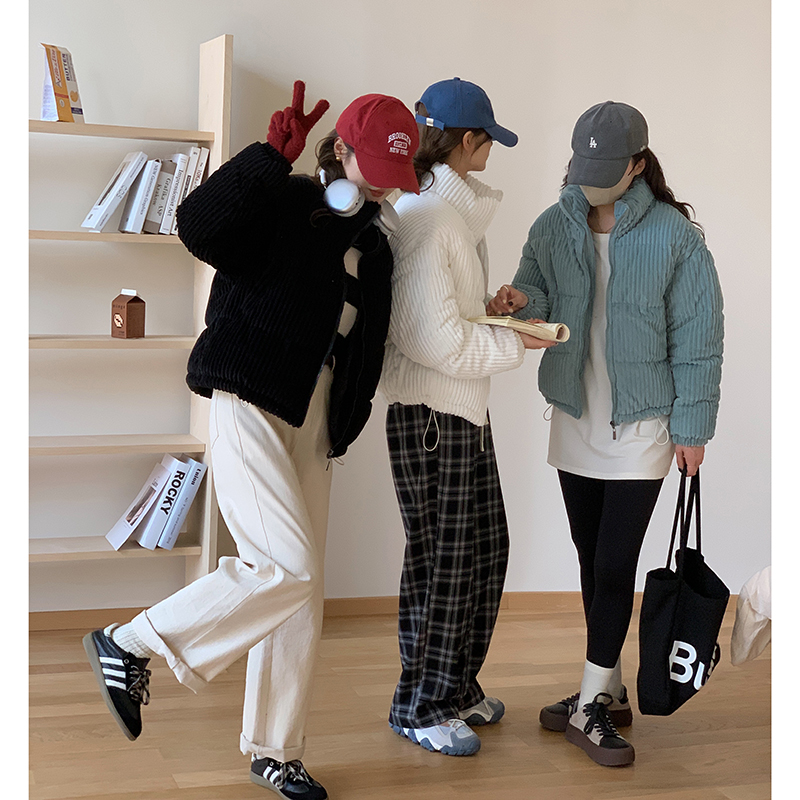實拍2023新款立領燈芯絨羽絨棉服網紅女學院風棉服外套短款