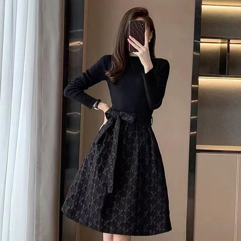 黑色連衣裙女2023秋季時髦長袖時尚收腰顯瘦氣質假兩件a字蓬蓬裙