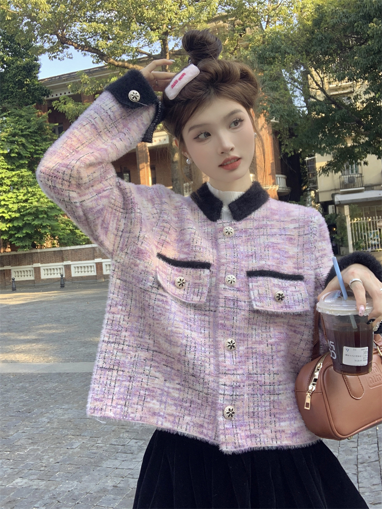 實拍 秋季新款小香風撞色寬鬆單排扣長袖短外套女上衣
