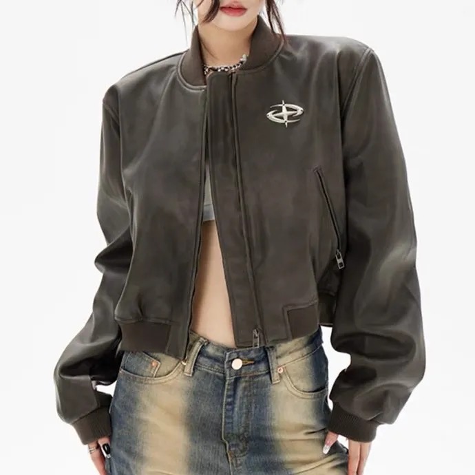 美式復古棕色短款機車小皮衣pu夾克棒球服外套女2023秋冬