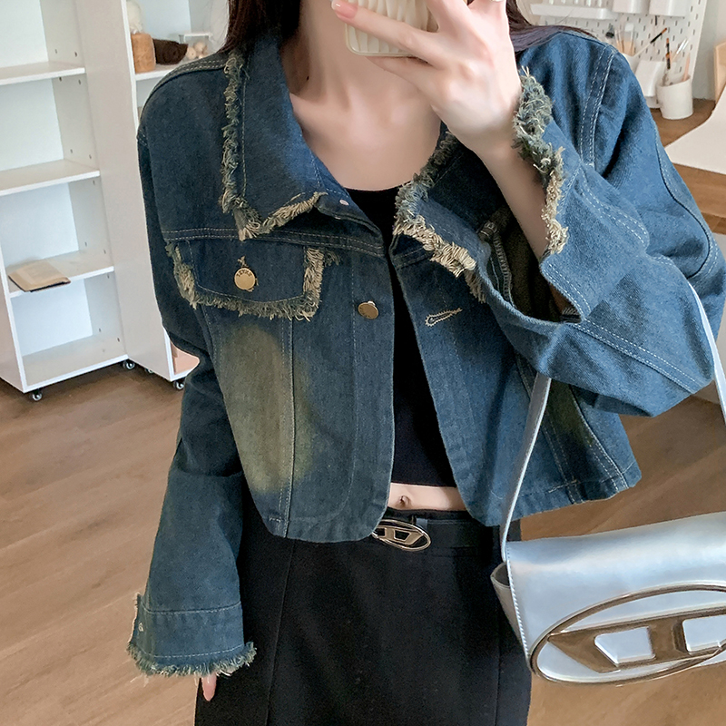 Real shot ~ 2023 new autumn retro raw edge jacket Hong Kong style brushed distressed long-sleeved denim jacket for women