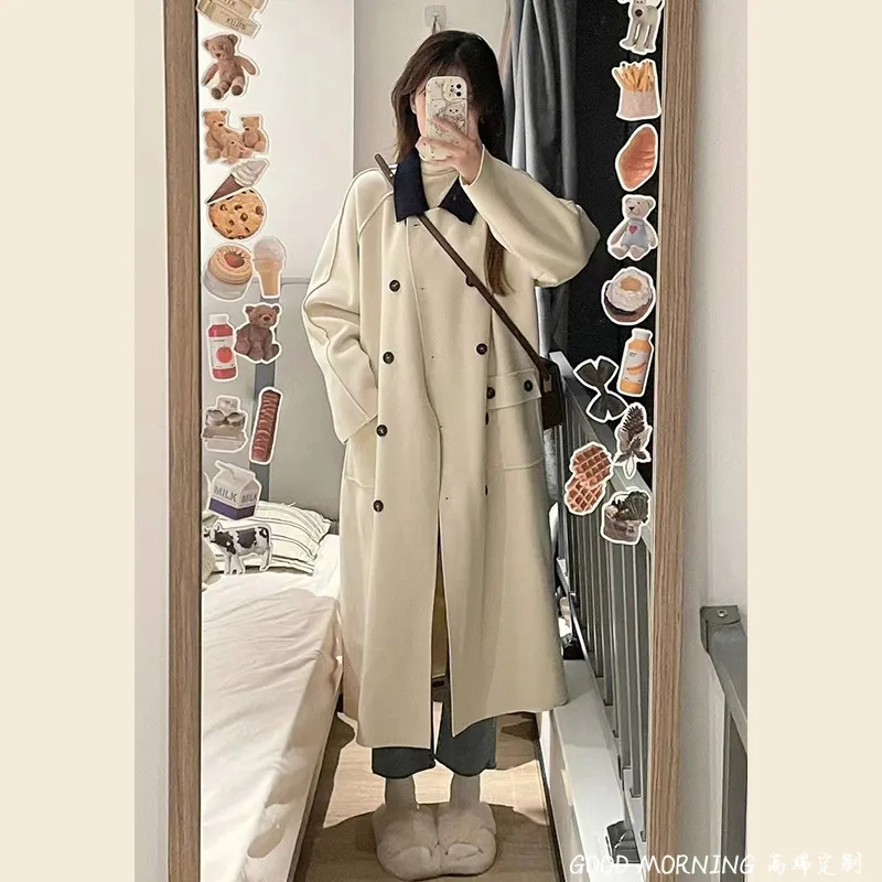 Korean style ins high-end, gentle and versatile lapel woolen coat for women with petite temperament, woolen mid-length coat