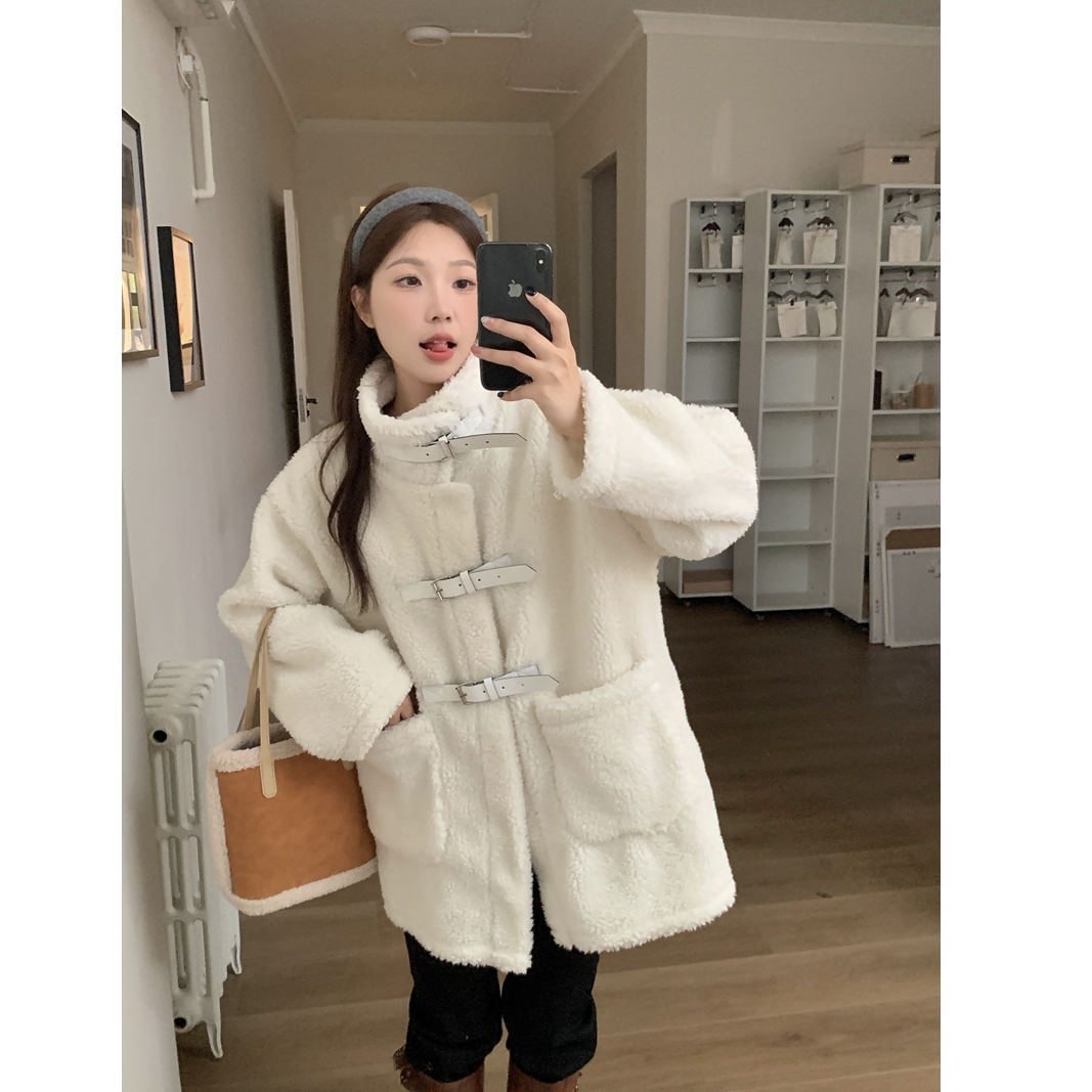 Actual shot of 600g lambswool coat for women, Korean style loose thickened mid-length fur one-piece particle coat