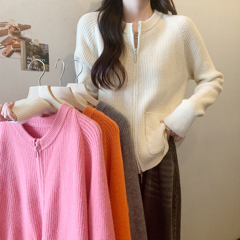 實拍慵懶風雙拉鏈坑條短款加厚毛衣女秋冬口袋針織衫寬鬆毛衣上衣