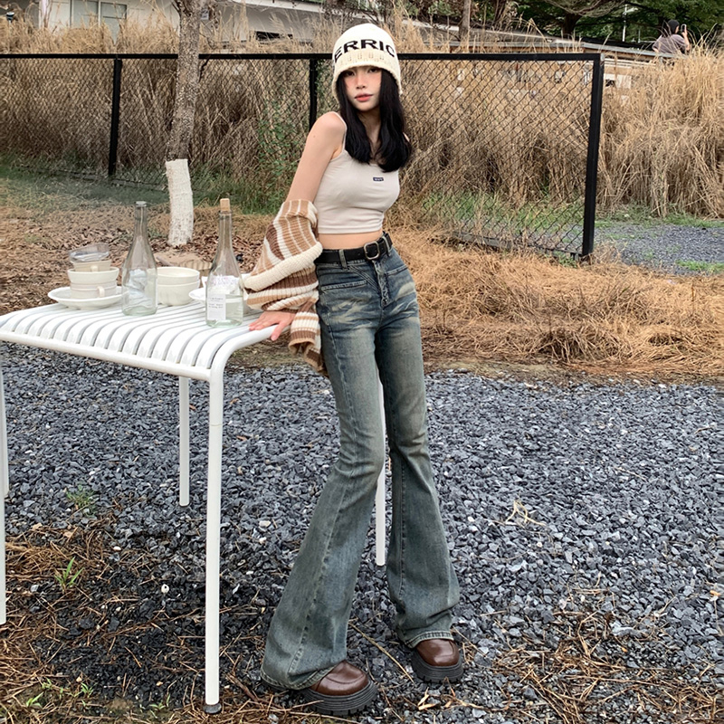 實拍2023秋季時尚復古做舊微喇牛仔褲女新款辣妹高腰顯瘦