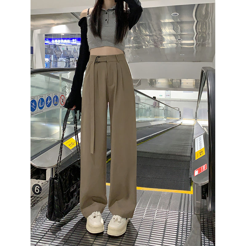 實拍2023秋季新款設計感系帶收腰西裝褲闊腿褲子女休閒顯瘦西褲女