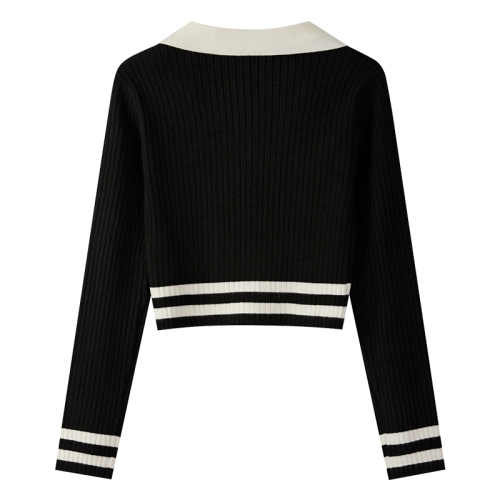 V-neck long-sleeved sweater for women in autumn new niche design college style black slim short blouse top