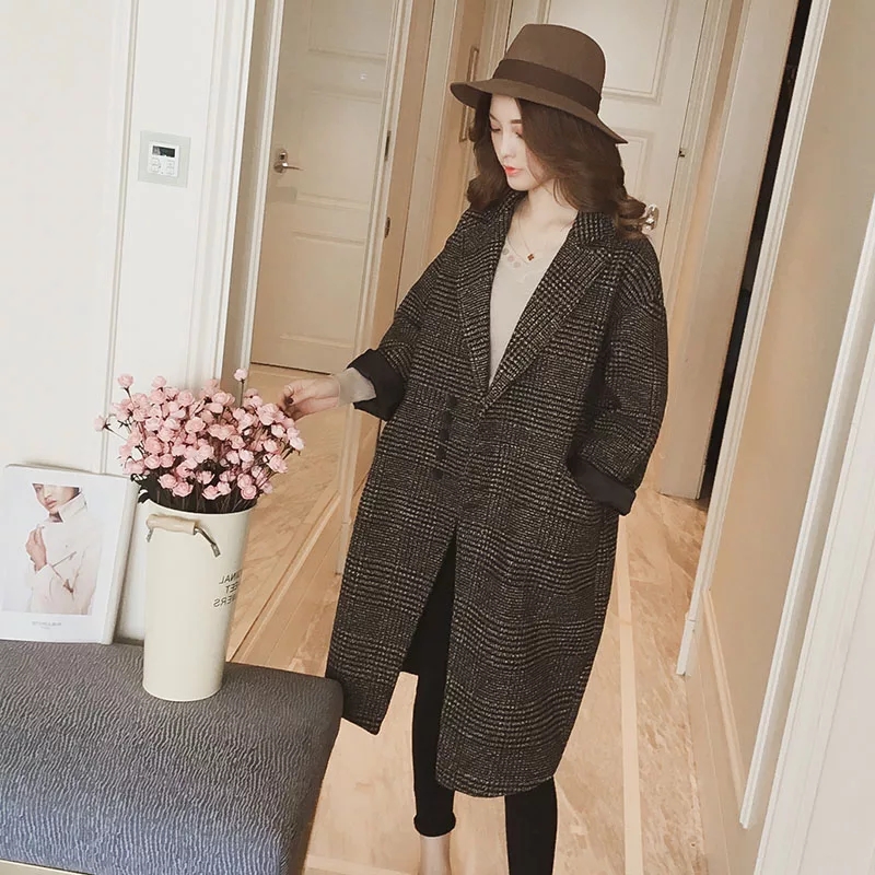 South Korea's 2023 spring and autumn new Korean style forest woolen coat mid-length Harajuku plaid woolen coat for women winter