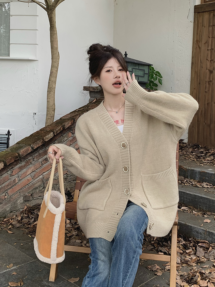 加厚V領中長款單排扣長袖針織開衫女秋冬新款寬鬆顯瘦毛衣外套潮