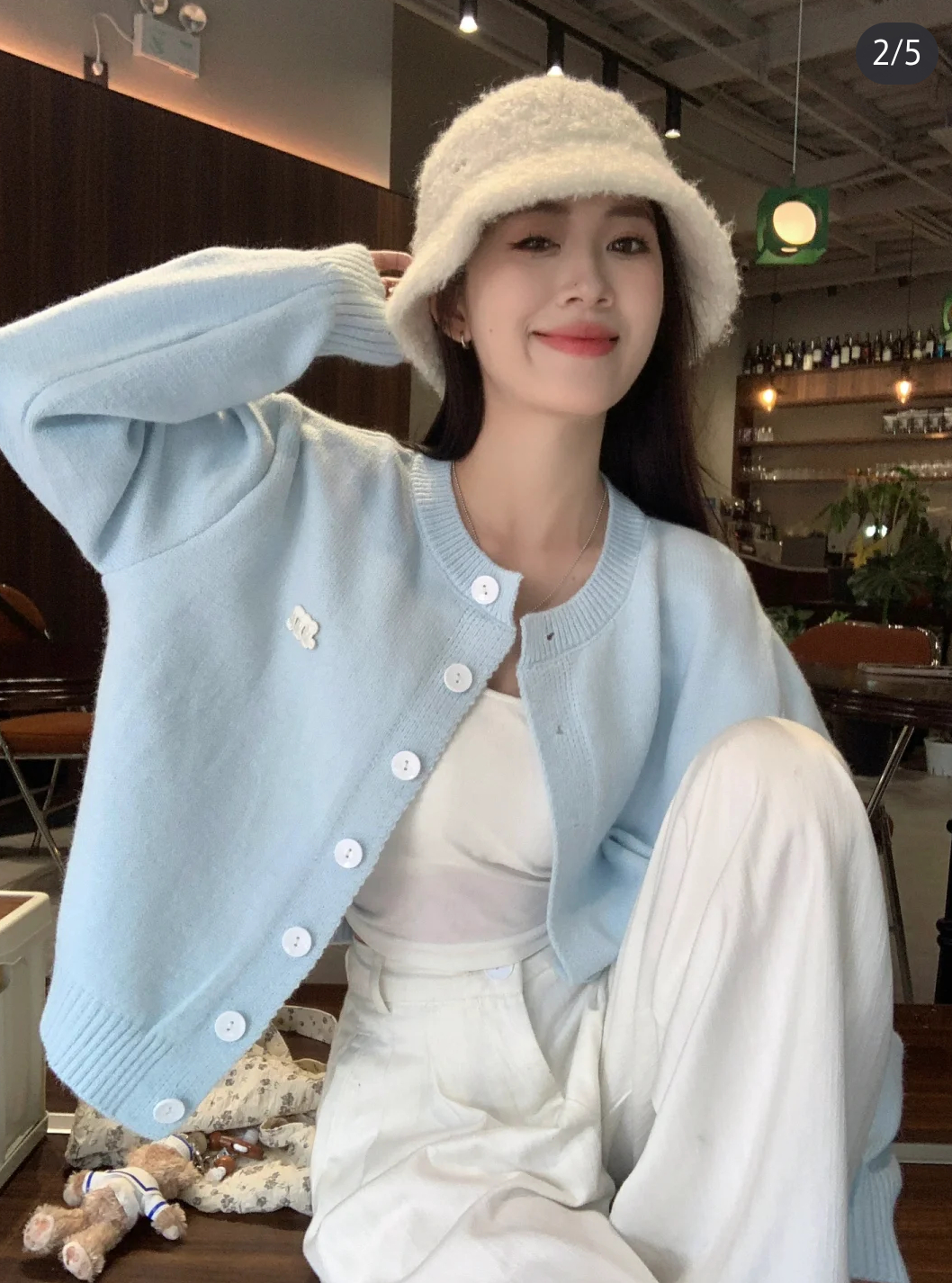 淺藍色長袖針織衫女秋季2023新款溫柔風奶系軟糯寬鬆短款外穿開衫