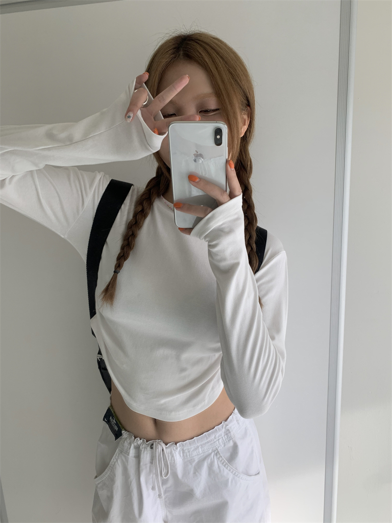 實拍~韓系鬼馬少女百搭長袖褶皺t恤上衣