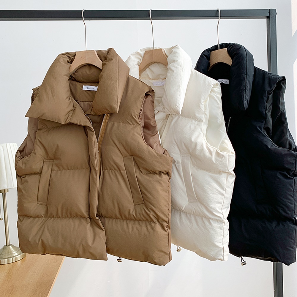 2023秋冬新款韓版寬鬆羽絨服馬甲女款棉坎肩立領純色棉服背心外套