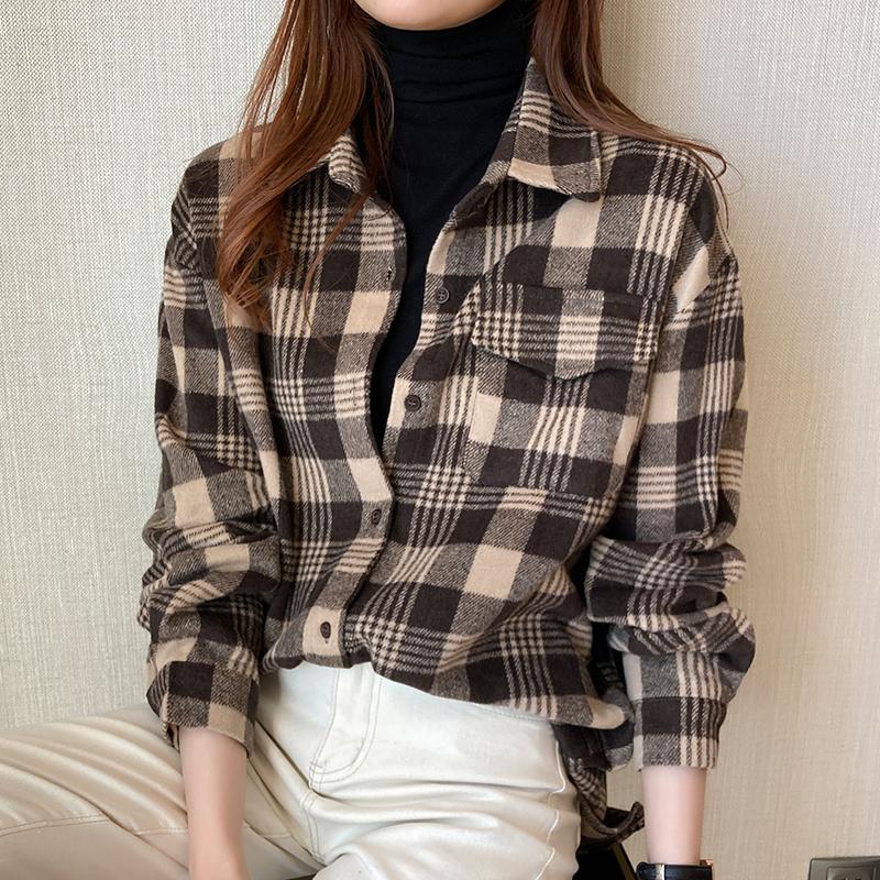 格子襯衫女設計感小眾2023冬季新款磨毛襯衣長袖打底疊穿內搭上衣