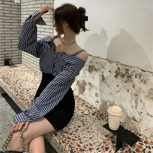 One-shoulder shirt dress women's early autumn design niche  new hot girl sexy hip-covering short skirt