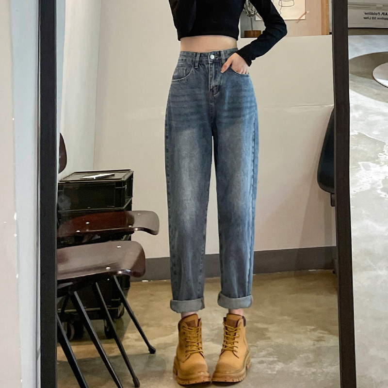 實拍2023加絨牛仔褲女寬鬆設計感老爹褲高腰顯瘦加厚