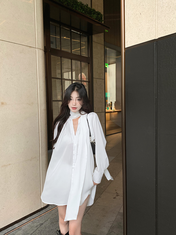 Real shot of Roman small shoulder-padded satin ribbon shirt skirt for women with autumn design and temperament top